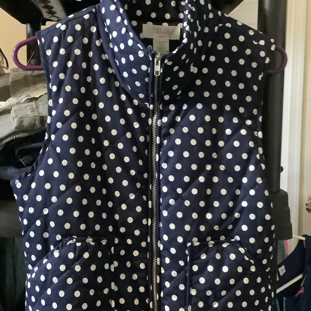 Peach Love California Dark Blue and White Polka Dot quilted zipper vest, small - Picture 6 of 8